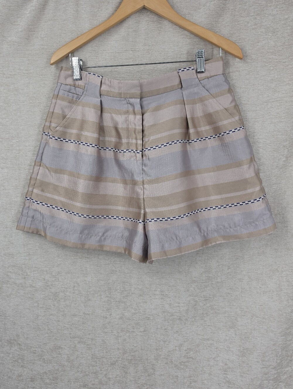 Armani Excgange Striped High-Waist Pleated Shorts Metallic Beige Gray Stripes